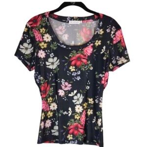 Avec Les Filles Black Floral Mesh Short Sleeve Scoop Neck Tee Top Small